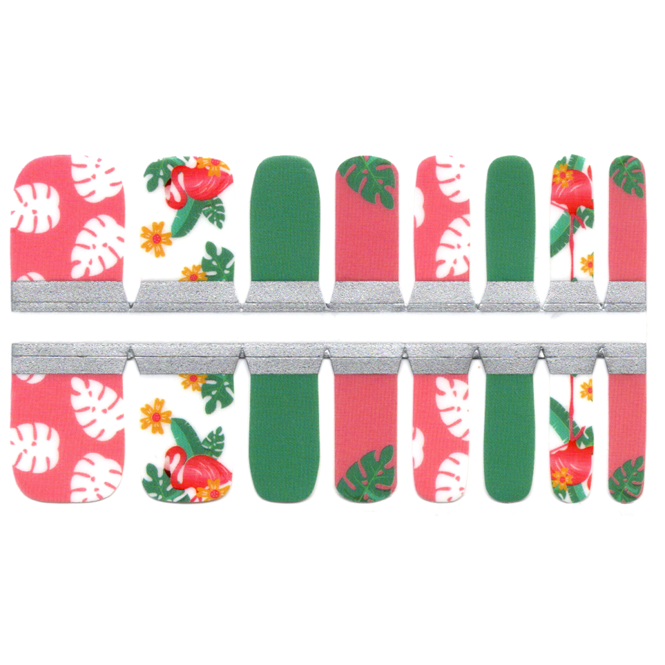 White Smoke Toe Nails/Kids Nail Wraps Pink and Green Summer Luau Leaves, Flamingo