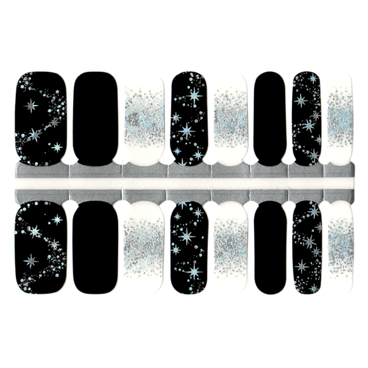 Black Silver Glitter Stars French Manicure New Year