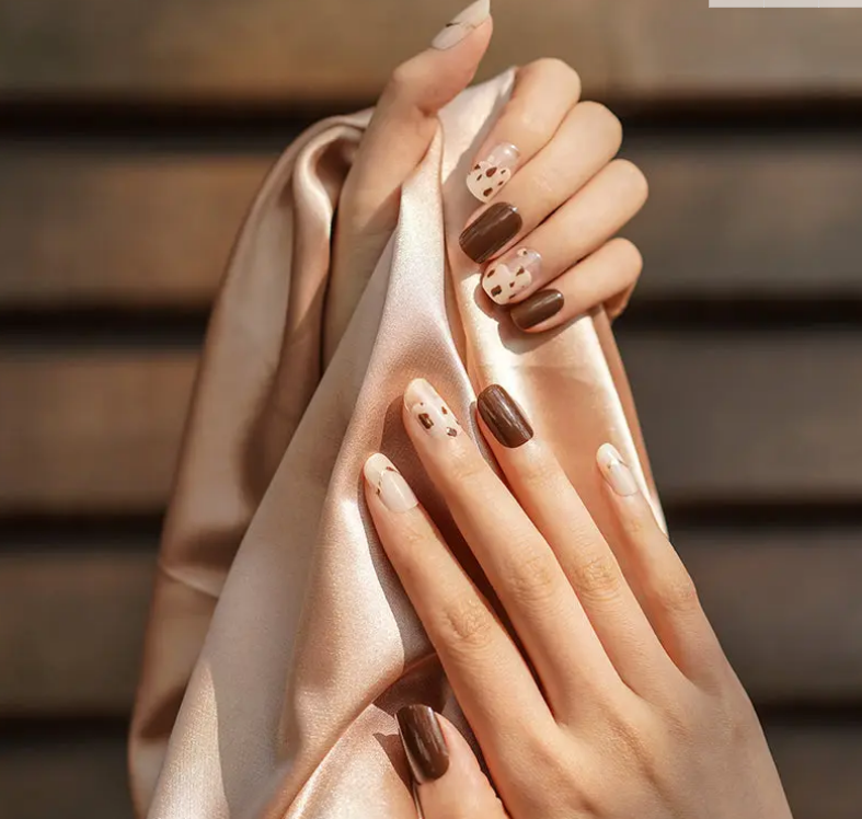 Dark Olive Green Semi-Cured Gel Nail Wraps Gold Brown Negative Space