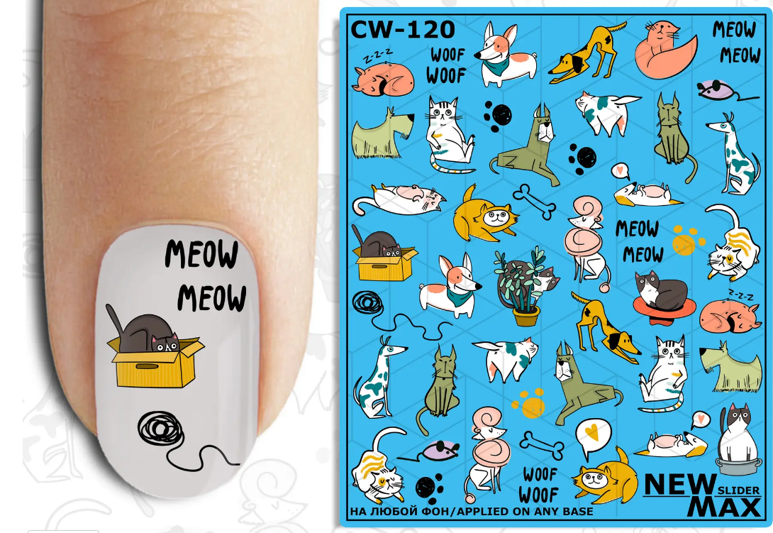 White Smoke Cartoon Cats and Dogs Hand Drawn Waterslide Nail Decals