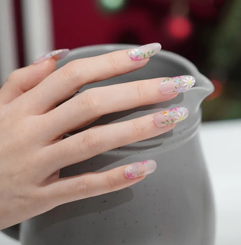 Dim Gray Semi-Cured Gel Nail Wraps Summer Flowers with Bees