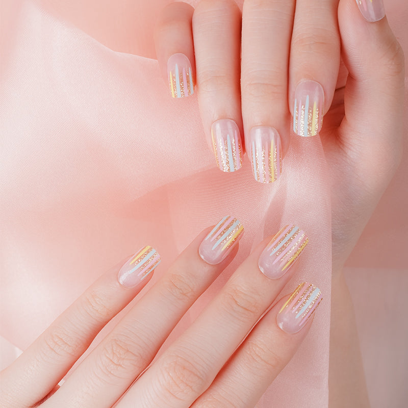 Thistle Pastel Colors with Gold Glitter Lines French Manicure Negative Space
