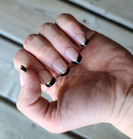 Dark Gray Black and Gold French Manicure with Clear Top