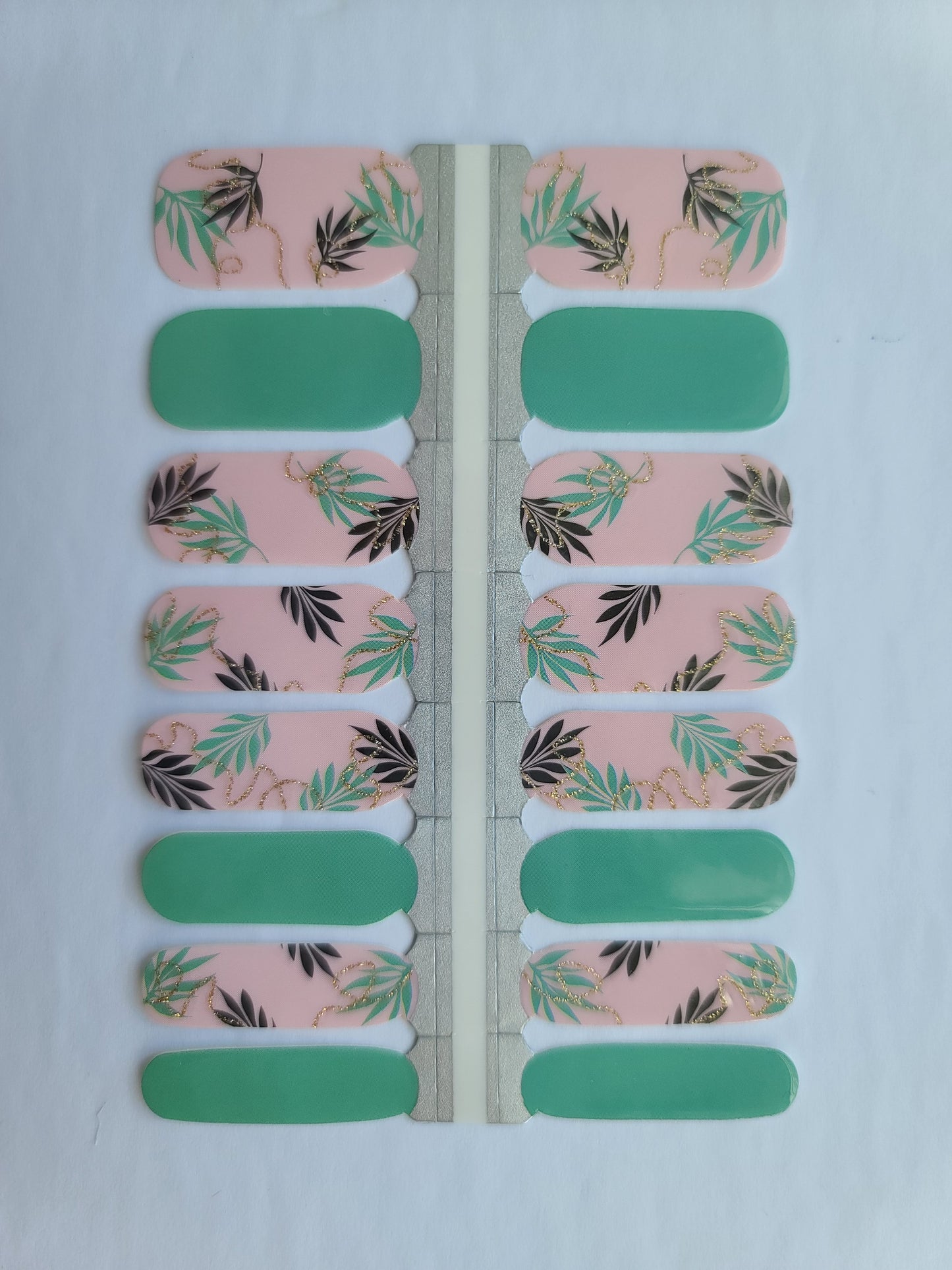 Light Steel Blue Green and Pink with Leaves Branches and Gold Glitter Summer