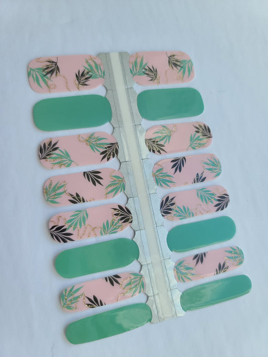 Light Steel Blue Green and Pink with Leaves Branches and Gold Glitter Summer