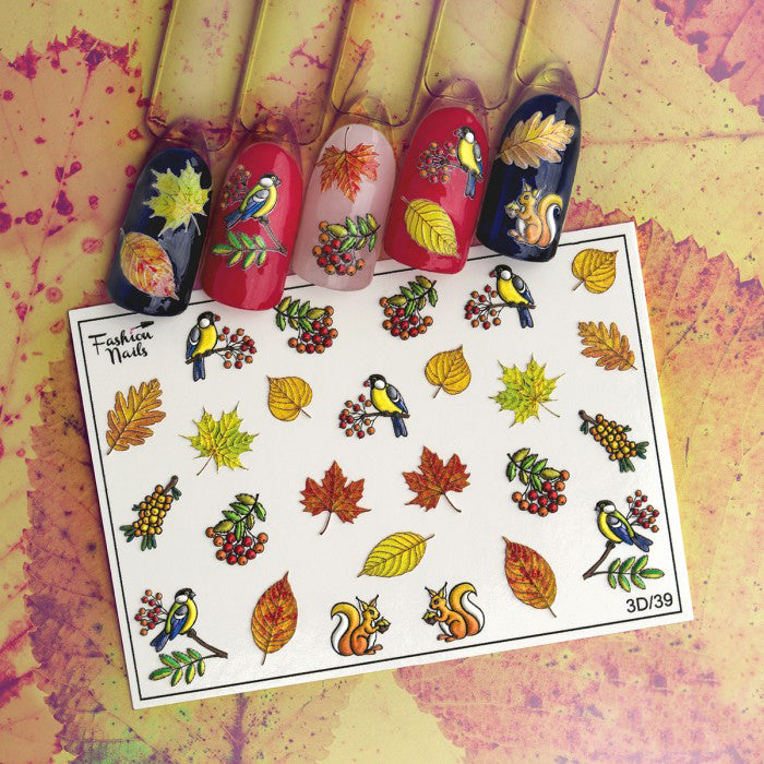 Antique White 3D Fall Autumn Leaves, Birds, Rowan Berries, Squirrels
