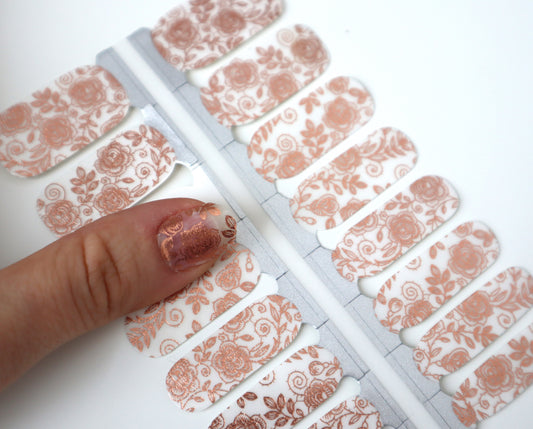 White Smoke Rose Gold Foil Roses Flowers with Leaves and Vines Clear Lace Overlay Negative Space