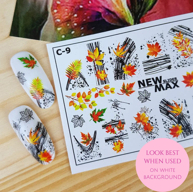 Light Gray Fall Leaves with Black Paint Splashes Full Nail Fall Autumn