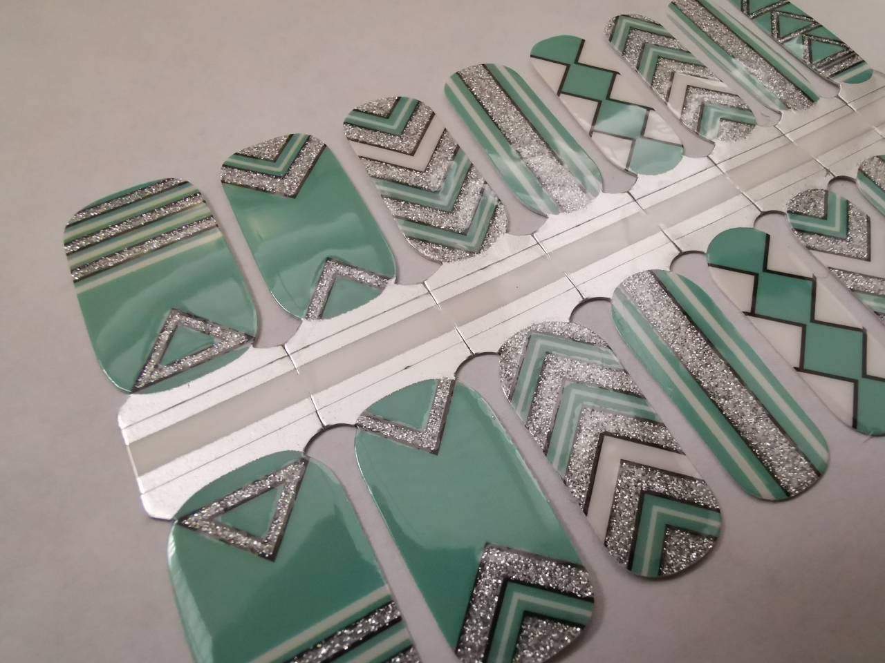 Nail Wraps, Strips, Stickers - Green and Silver Glitter Aztec Art - EZ Nails Store