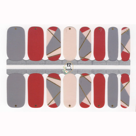 Nail Wraps, Strips, Stickers - Grey with Blue Undertone and Burgundy Red Elegance - EZ Nails Store