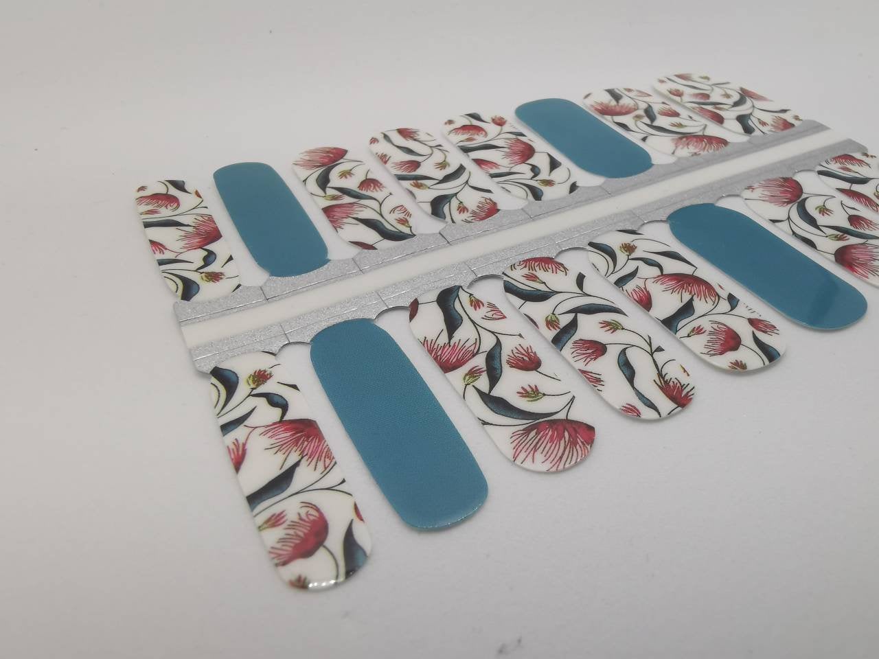 Gray Teal Blue and Red Floral Pattern with White Background