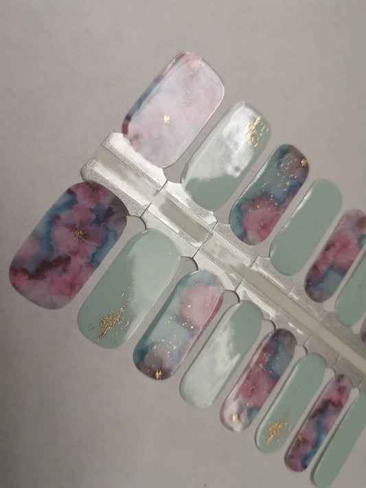 Dark Gray Light Blue and Purple Pink Marble Flowers with Gold Accents Semi-Transparent