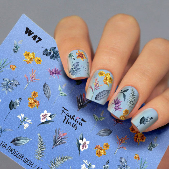 Cornflower Blue Navy Blue Leaves and Yellow Purple Spring Flowers