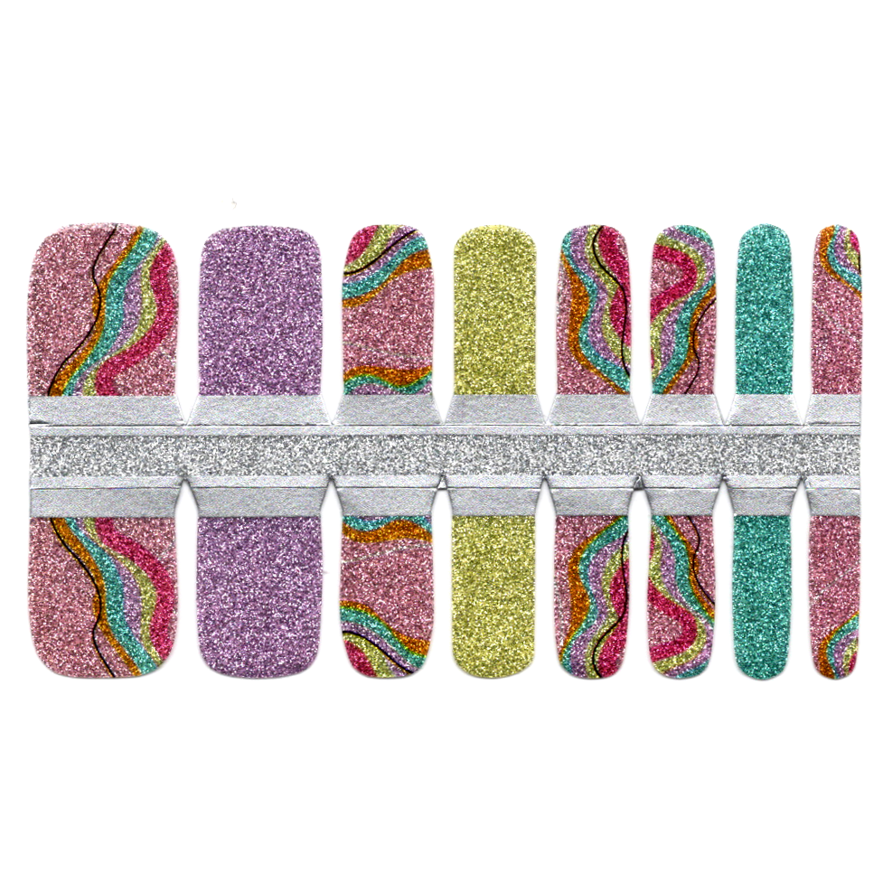 White Smoke Toe Nails/Kids Nail Wraps Pink, Blue and Yellow Glitter with Waves