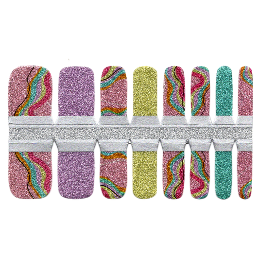 White Smoke Toe Nails/Kids Nail Wraps Pink, Blue and Yellow Glitter with Waves