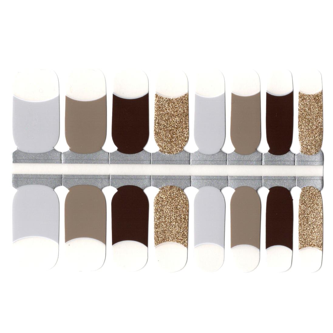 White Smoke Grey, Brown and Gold Glitter French Manicure Clear Background Negative Space