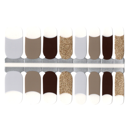 White Smoke Grey, Brown and Gold Glitter French Manicure Clear Background Negative Space