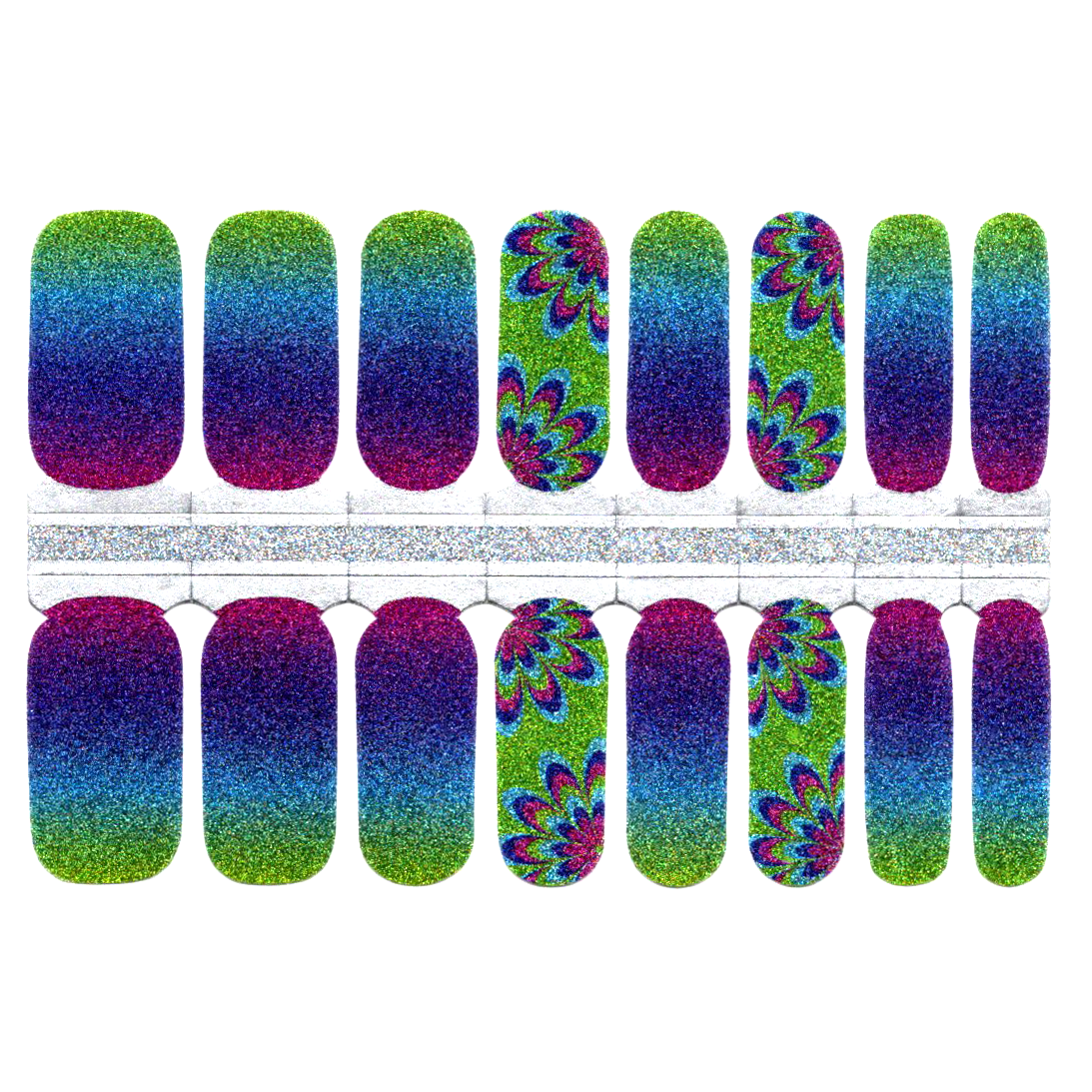 White Smoke Green to Blue Ombre Glitter with Abstract Flower