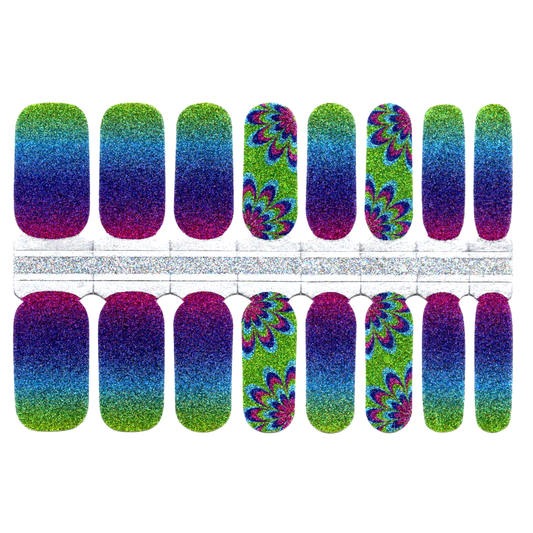 White Smoke Green to Blue Ombre Glitter with Abstract Flower