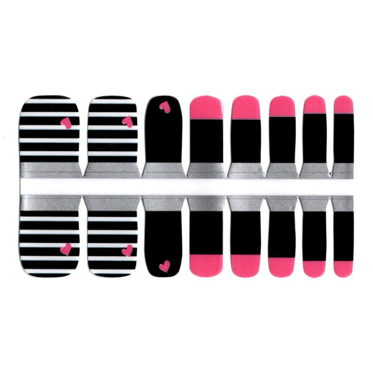 Black Toe Nails/Kids Nail Wraps Black White Striped Pink Hearts