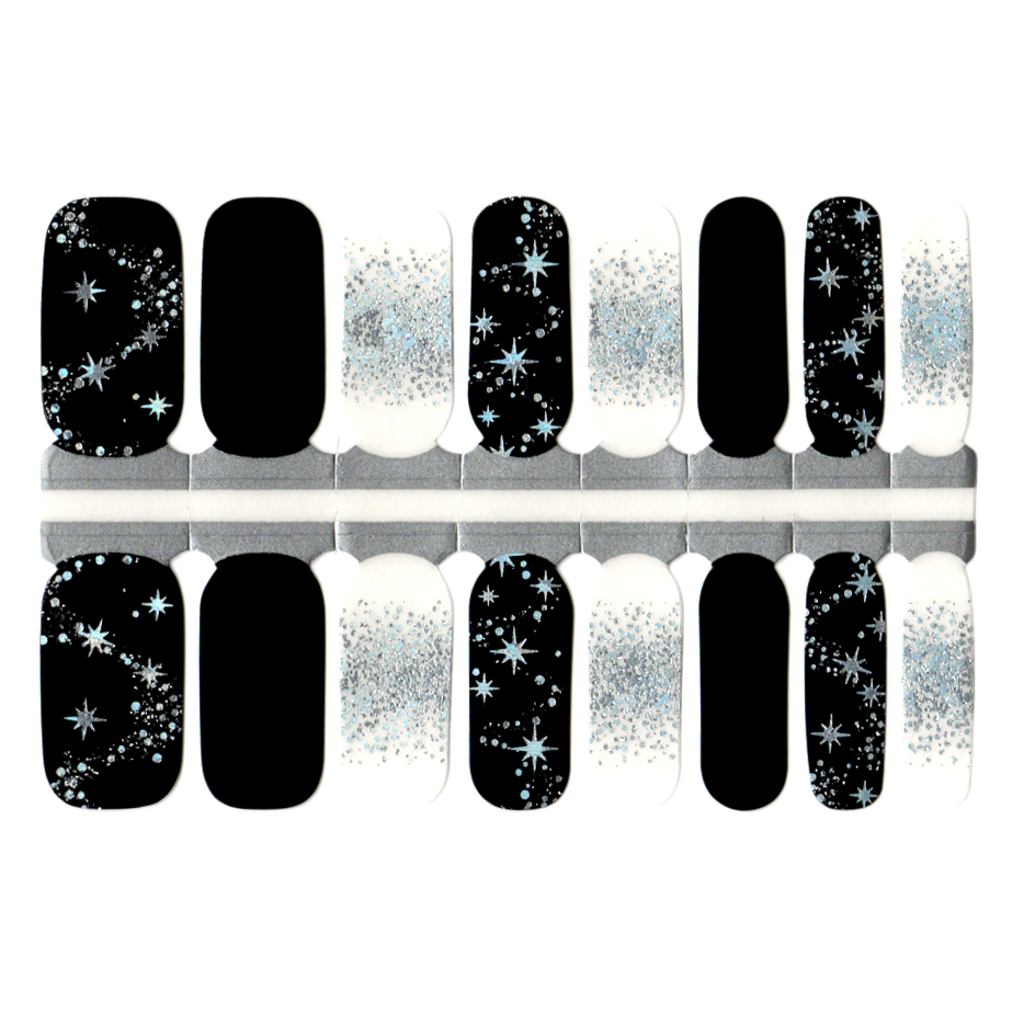 Black Silver Glitter Stars French Manicure New Year