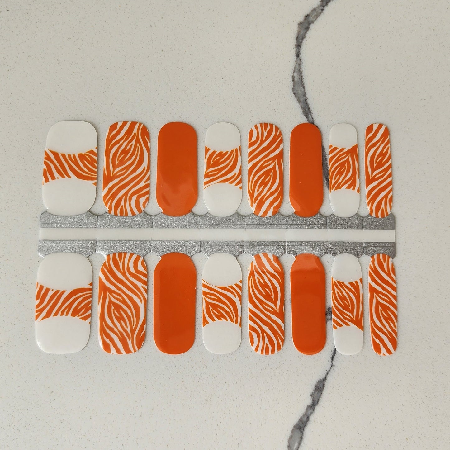 Gray Orange White Zebra Pattern French Manicure
