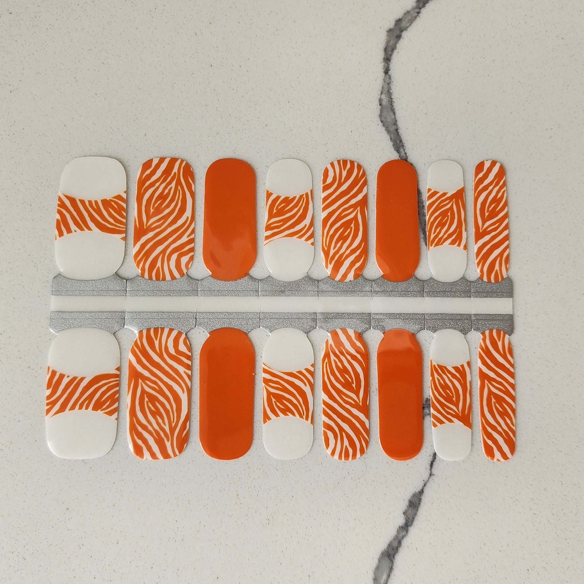 Gray Orange White Zebra Pattern French Manicure