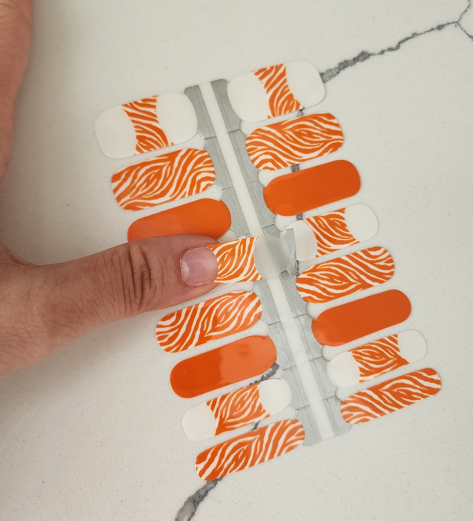 Gray Orange White Zebra Pattern French Manicure
