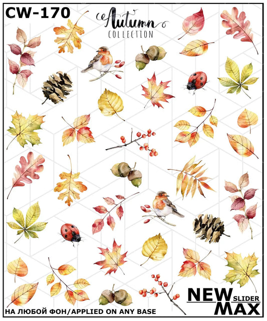 White Smoke Orange and Green Leaves Pinecones Ladybug Acorns