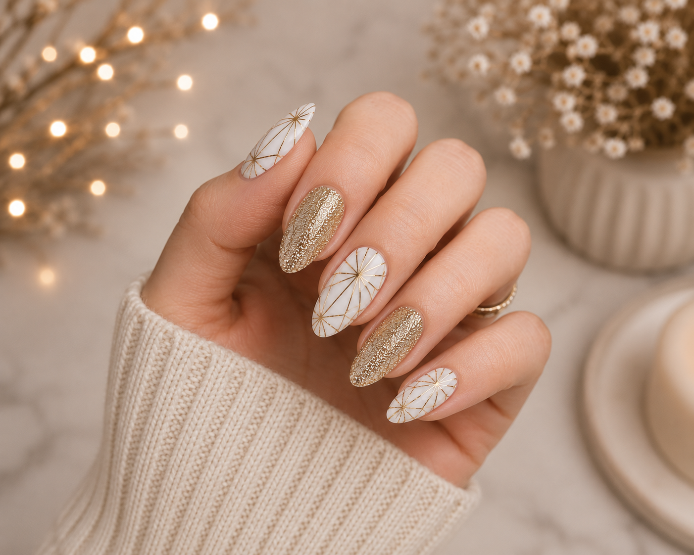 Paillettes d'or et lignes de géométrie de fond blanc