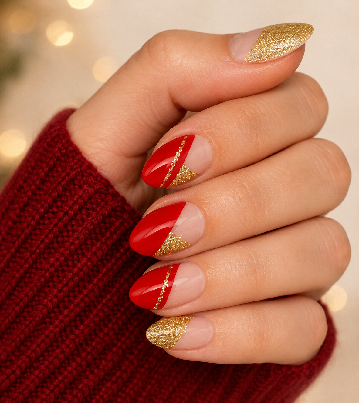Manucure française scintillante rouge et or New Years Eve Clear Top Cut Out