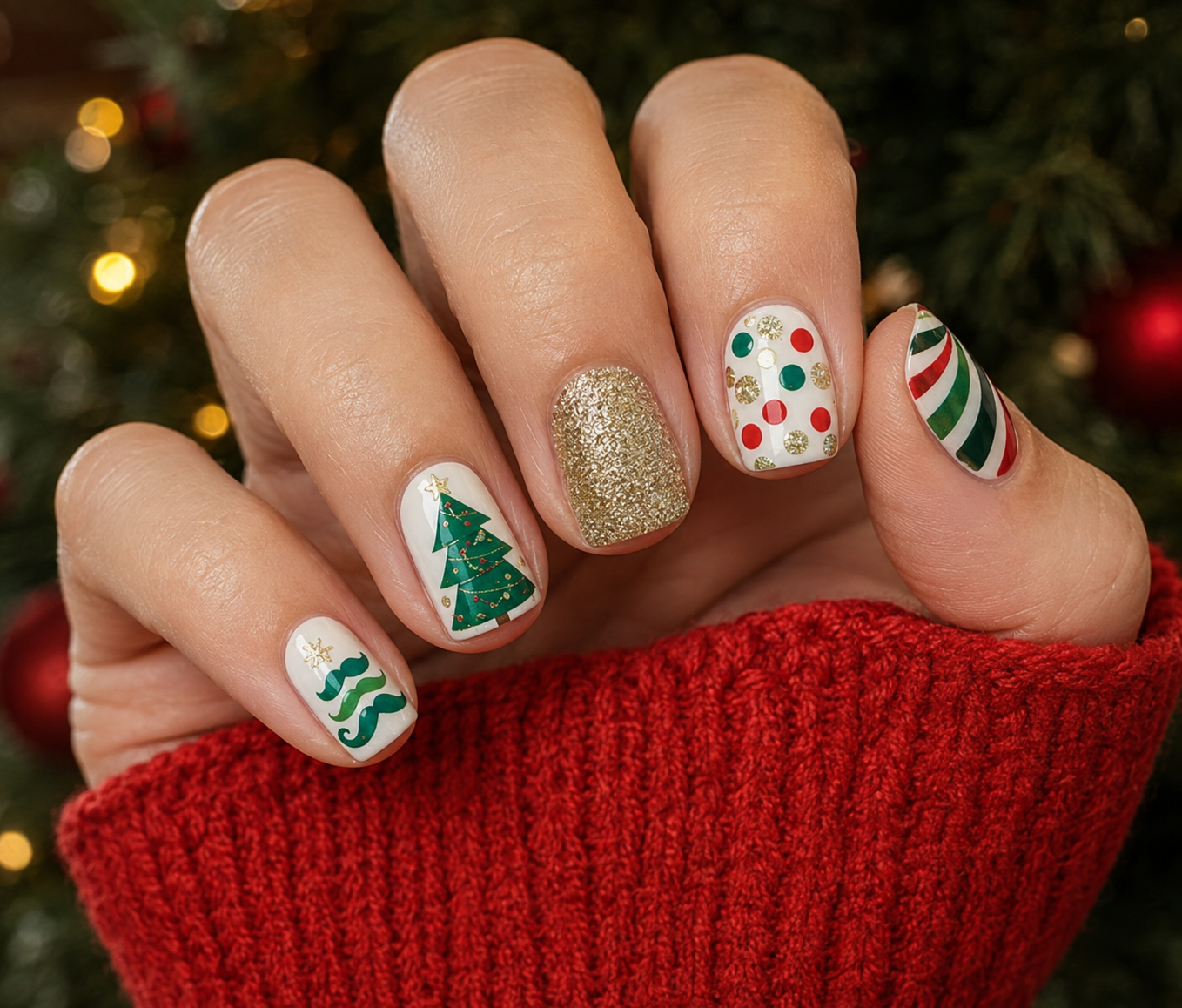 Sapin de Noël vert et rouge, canne en bonbon, pois confettis