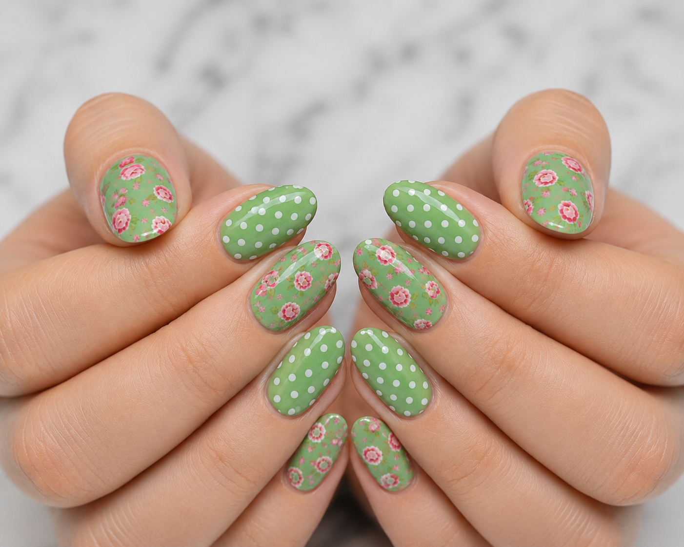 Printemps à pois verts et roses roses