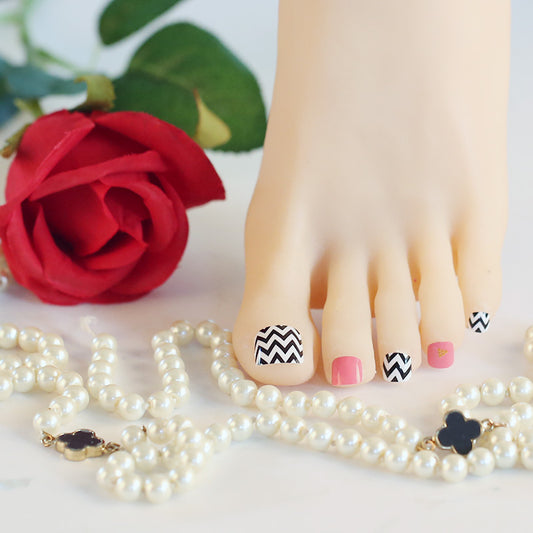 Antique White Toe Nail/ Kids Nail Wraps Black and White Zig Zag with Pink