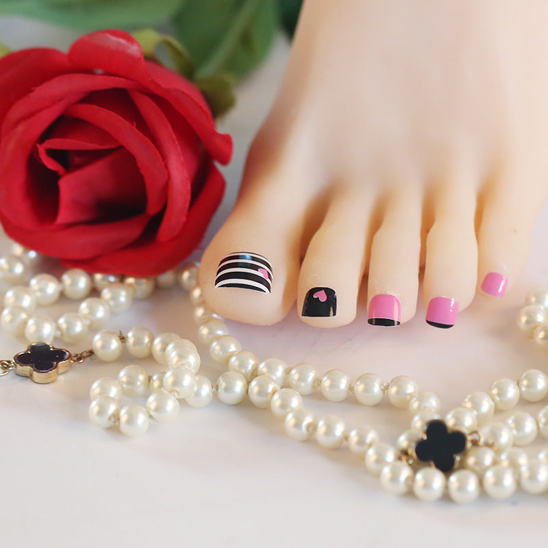Gray Toe Nails/Kids Nail Wraps Black White Striped Pink Hearts