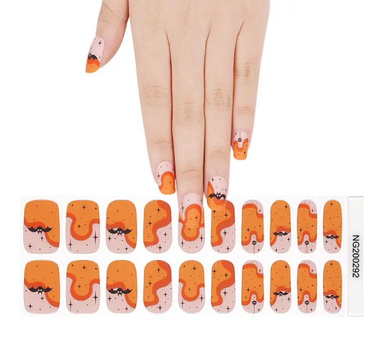 White Smoke Semi-Cured Gel Nail Wraps Halloween Orange Beige Spiders Bats