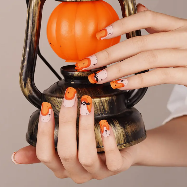 Light Pink Semi-Cured Gel Nail Wraps Halloween Orange Beige Spiders Bats