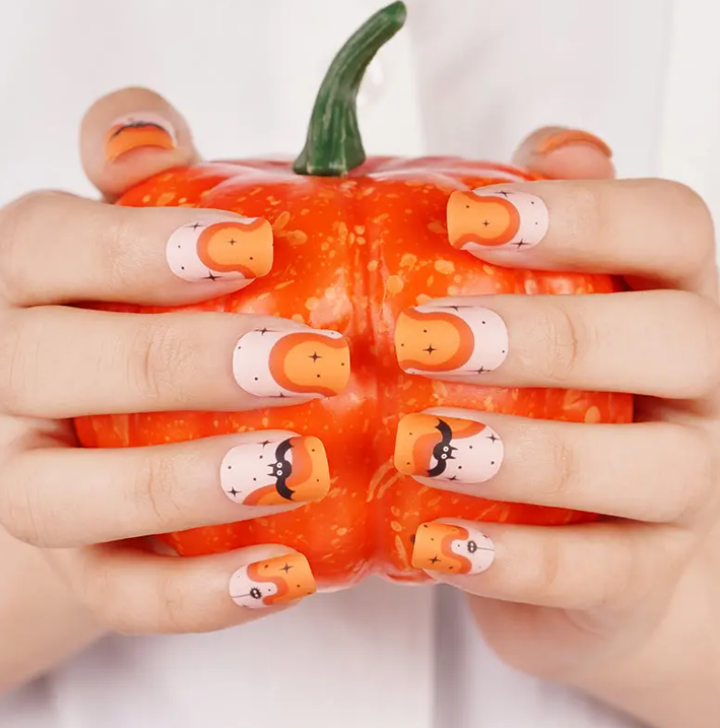 Lavender Semi-Cured Gel Nail Wraps Halloween Orange Beige Spiders Bats