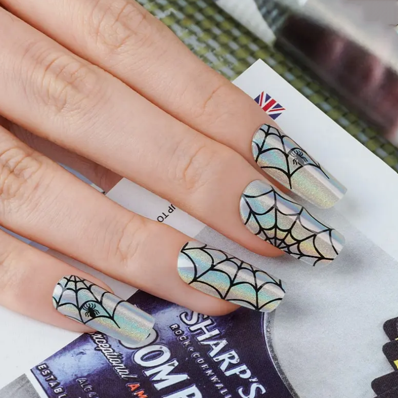 Tan Semi-Cured Gel Nail Wraps Halloween Holographic Spider Web