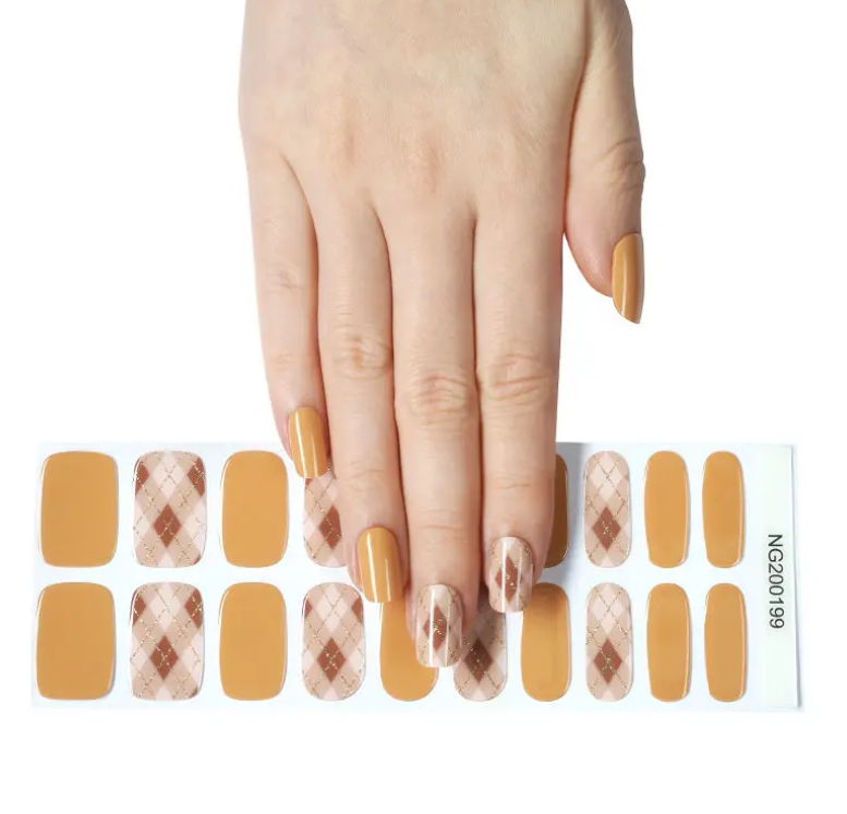 White Smoke Semi-Cured Gel Nail Wraps Fall Orange Beige Plaid