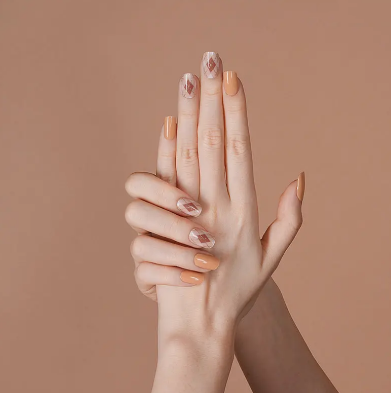 Rosy Brown Semi-Cured Gel Nail Wraps Fall Orange Beige Plaid