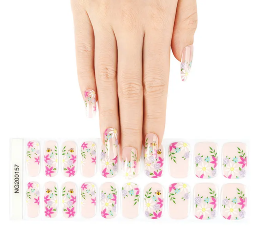 White Smoke Semi-Cured Gel Nail Wraps Summer Flowers with Bees