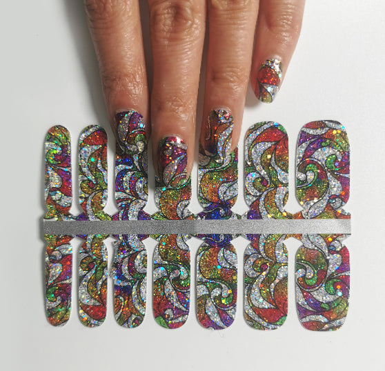 Lavender Big Size Wide Nail Wraps Rainbow Glitter with Swirls