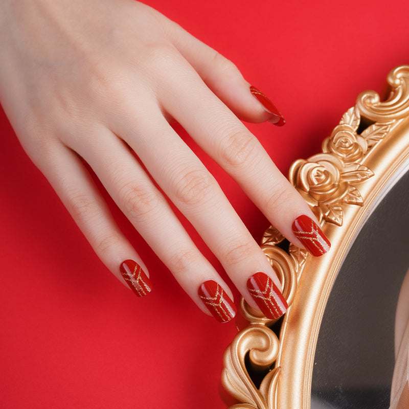 Firebrick Dark Red with Gold Glitter Geometry