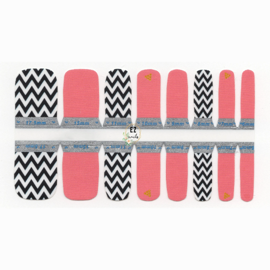 Light Coral Toe Nail/ Kids Nail Wraps Black and White Zig Zag with Pink