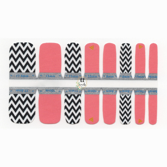 Light Coral Toe Nail/ Kids Nail Wraps Black and White Zig Zag with Pink