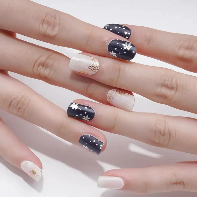 Lavender Semi-Cured Gel Nail Wraps Navy Blue White Gold Snowflakes Moon