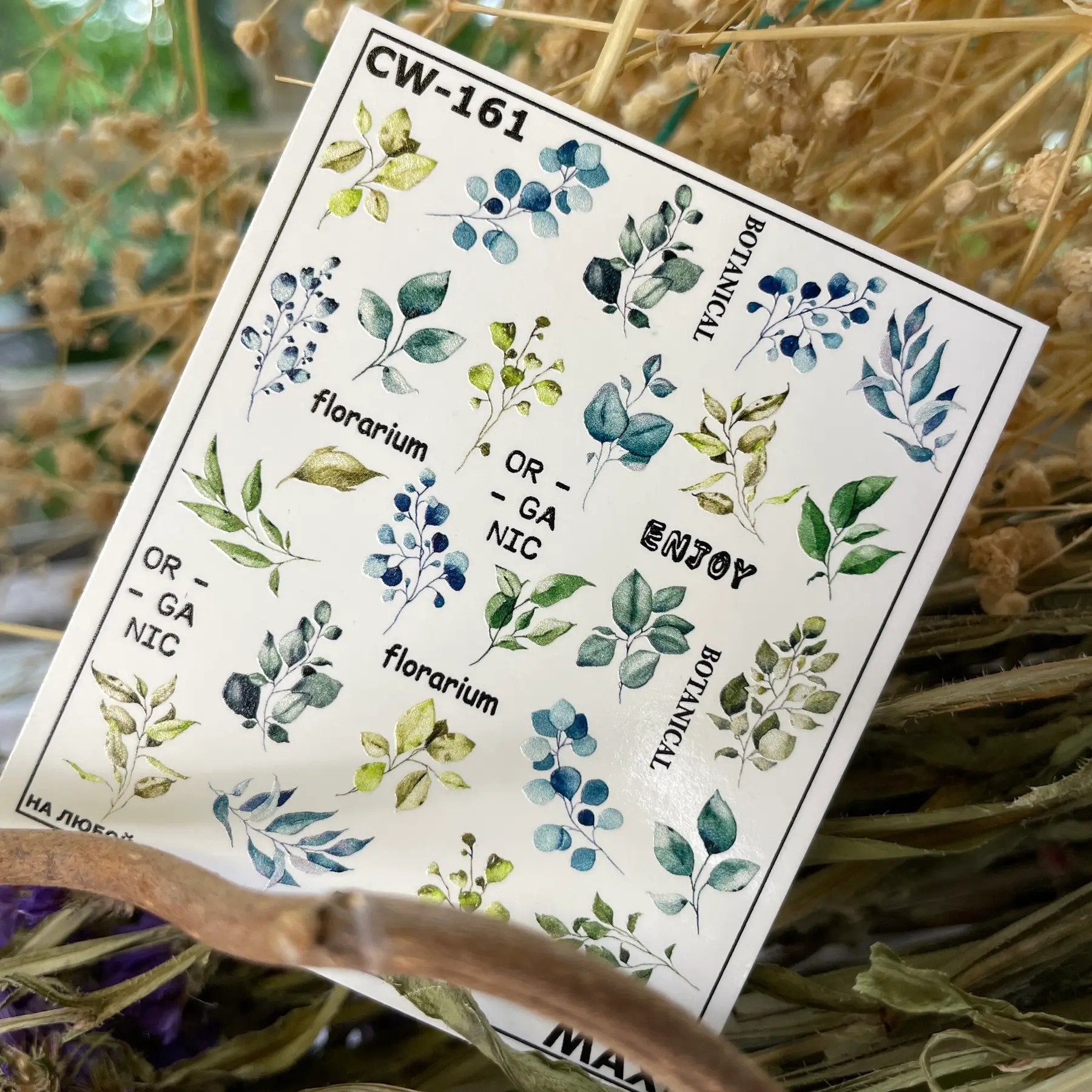 Antique White Eucalyptus Branches, Green and Navy Leaves with Words
