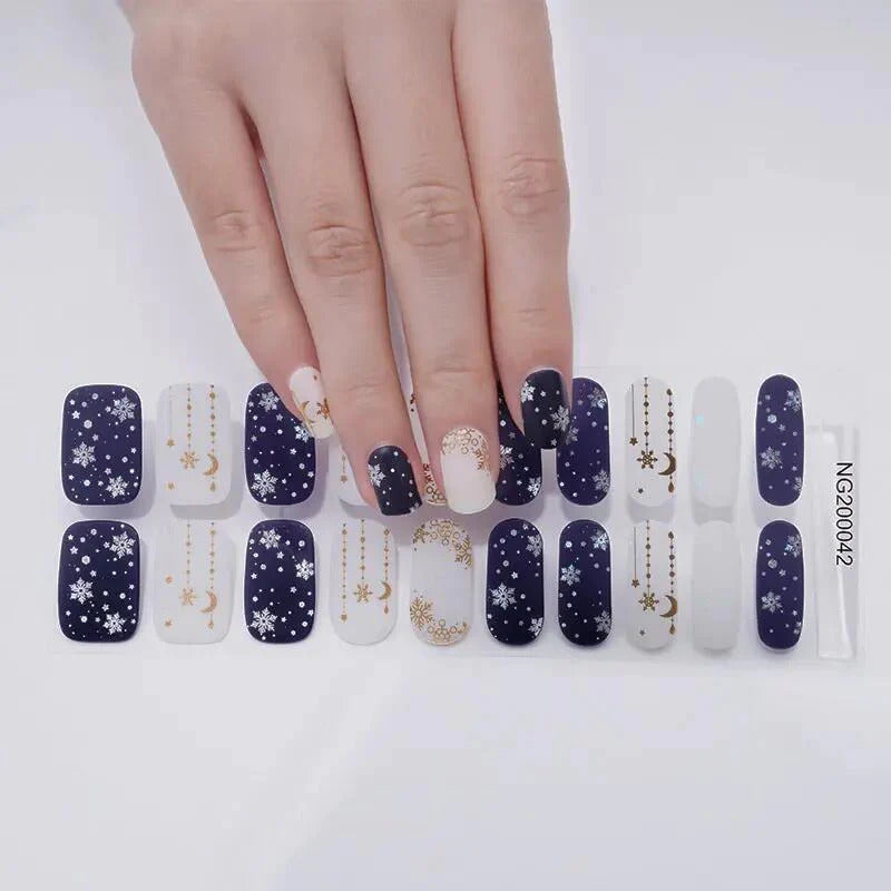 Light Gray Semi-Cured Gel Nail Wraps Navy Blue White Gold Snowflakes Moon