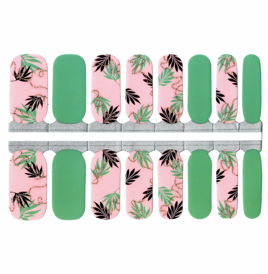 White Smoke Green and Pink with Leaves Branches and Gold Glitter Summer